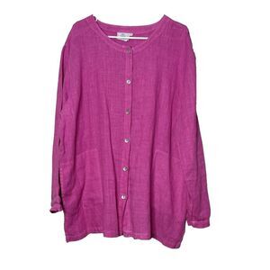 Hot Cotton Marc Ware L  100% Linen Shirt Top Solid Pink Button Front Lagenlook